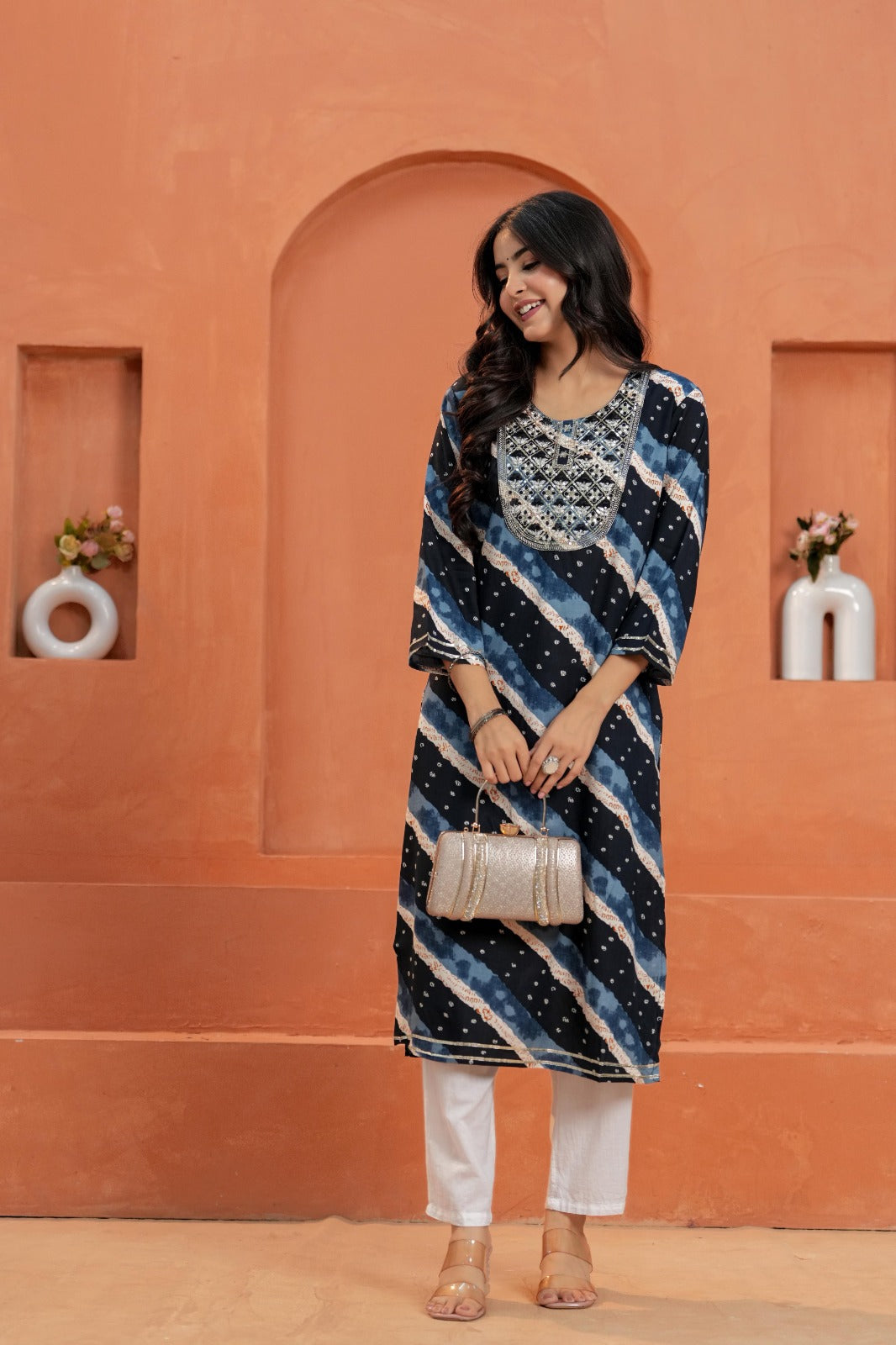 Printed Straight Kurta with White Pant | 3/4 Sleeve Ethnic Kurta Set