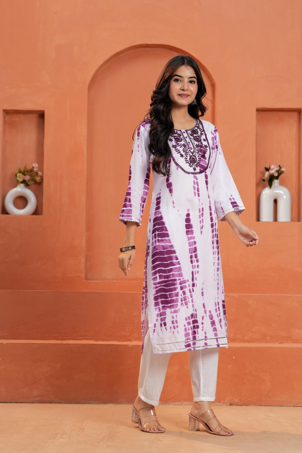 White & Purple Printed Straight Kurta with Pant | Ethnic Wear Set