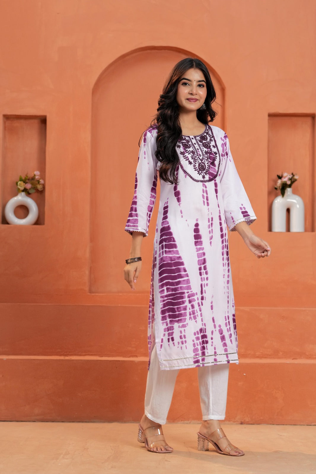 White & Purple Printed Straight Kurta with Pant | Ethnic Wear Set