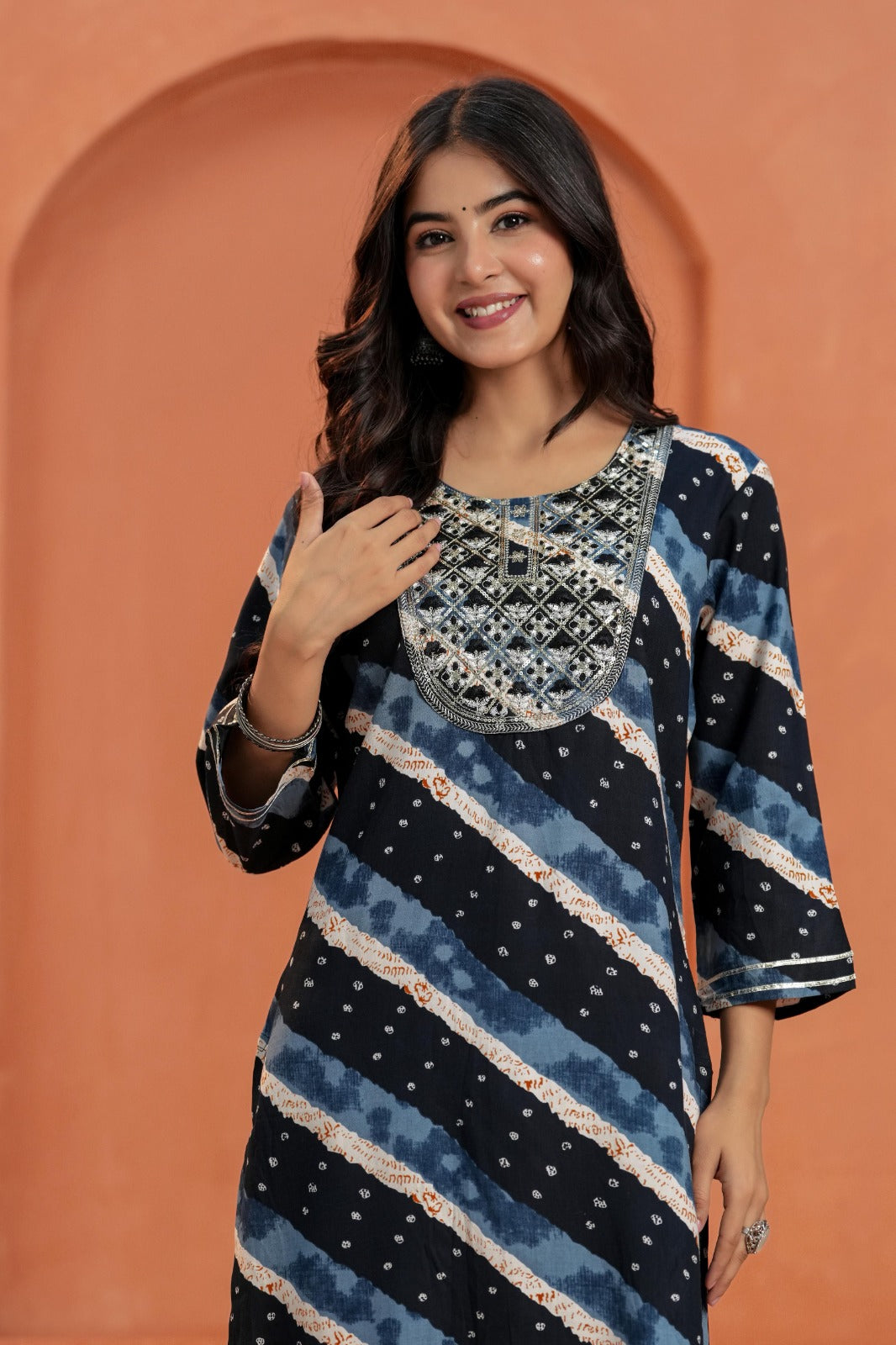 Printed Straight Kurta with White Pant | 3/4 Sleeve Ethnic Kurta Set