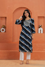 Printed Straight Kurta with White Pant | 3/4 Sleeve Ethnic Kurta Set