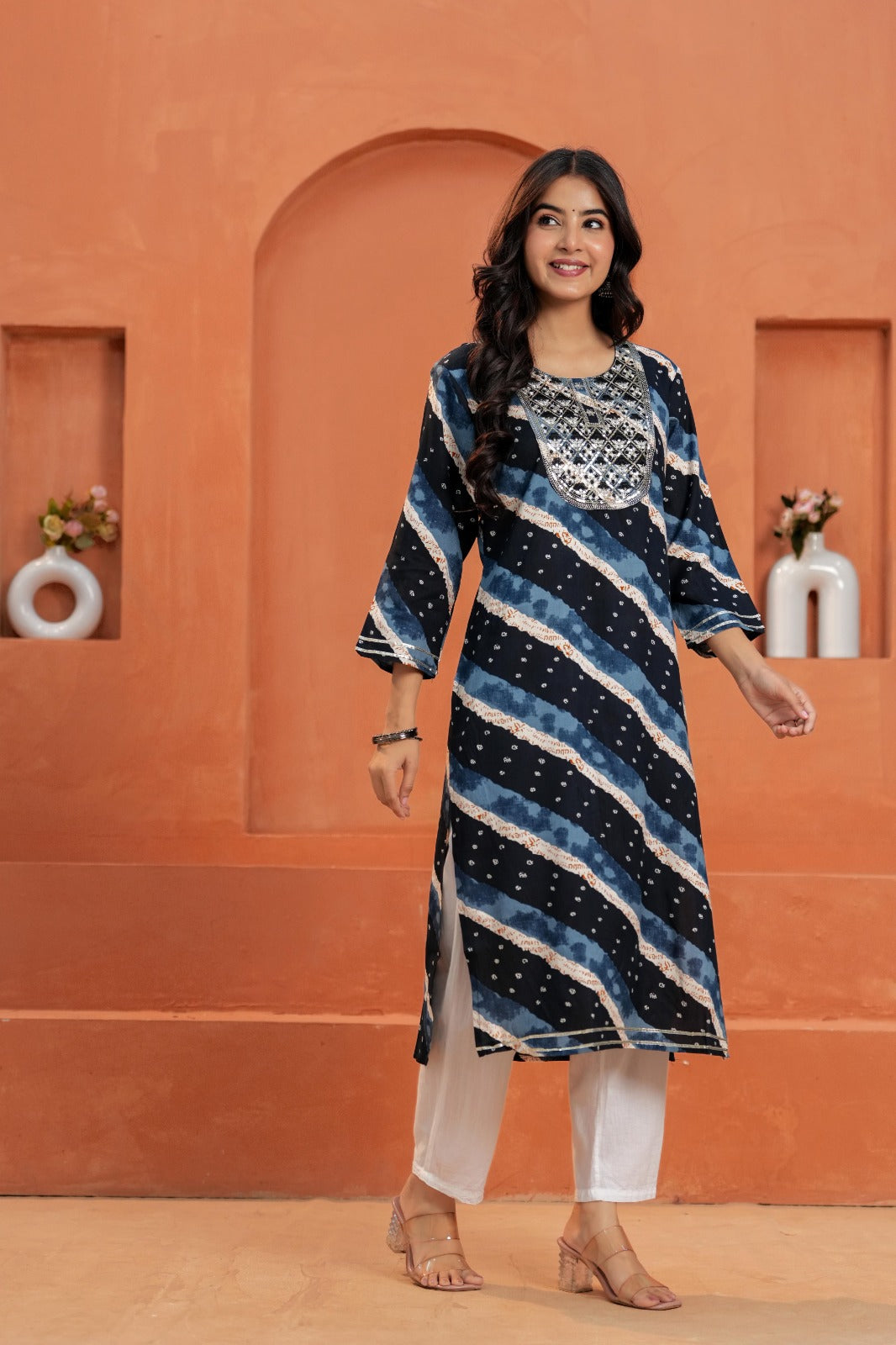 Printed Straight Kurta with White Pant | 3/4 Sleeve Ethnic Kurta Set