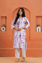 White & Purple Printed Straight Kurti with 3/4 Sleeves | Ethnic & Casual We