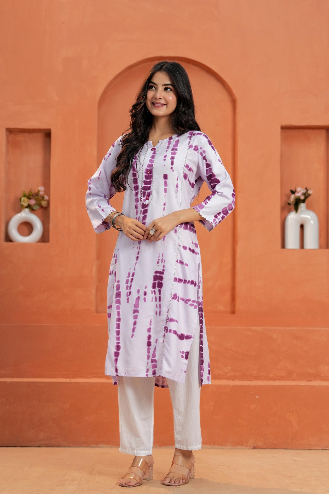 White & Purple Printed Straight Kurti with 3/4 Sleeves | Ethnic & Casual We