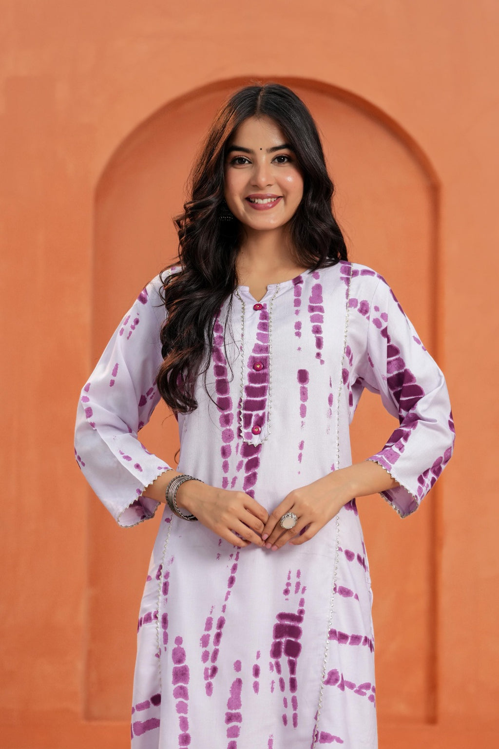 White & Purple Printed Straight Kurti with 3/4 Sleeves | Ethnic & Casual We