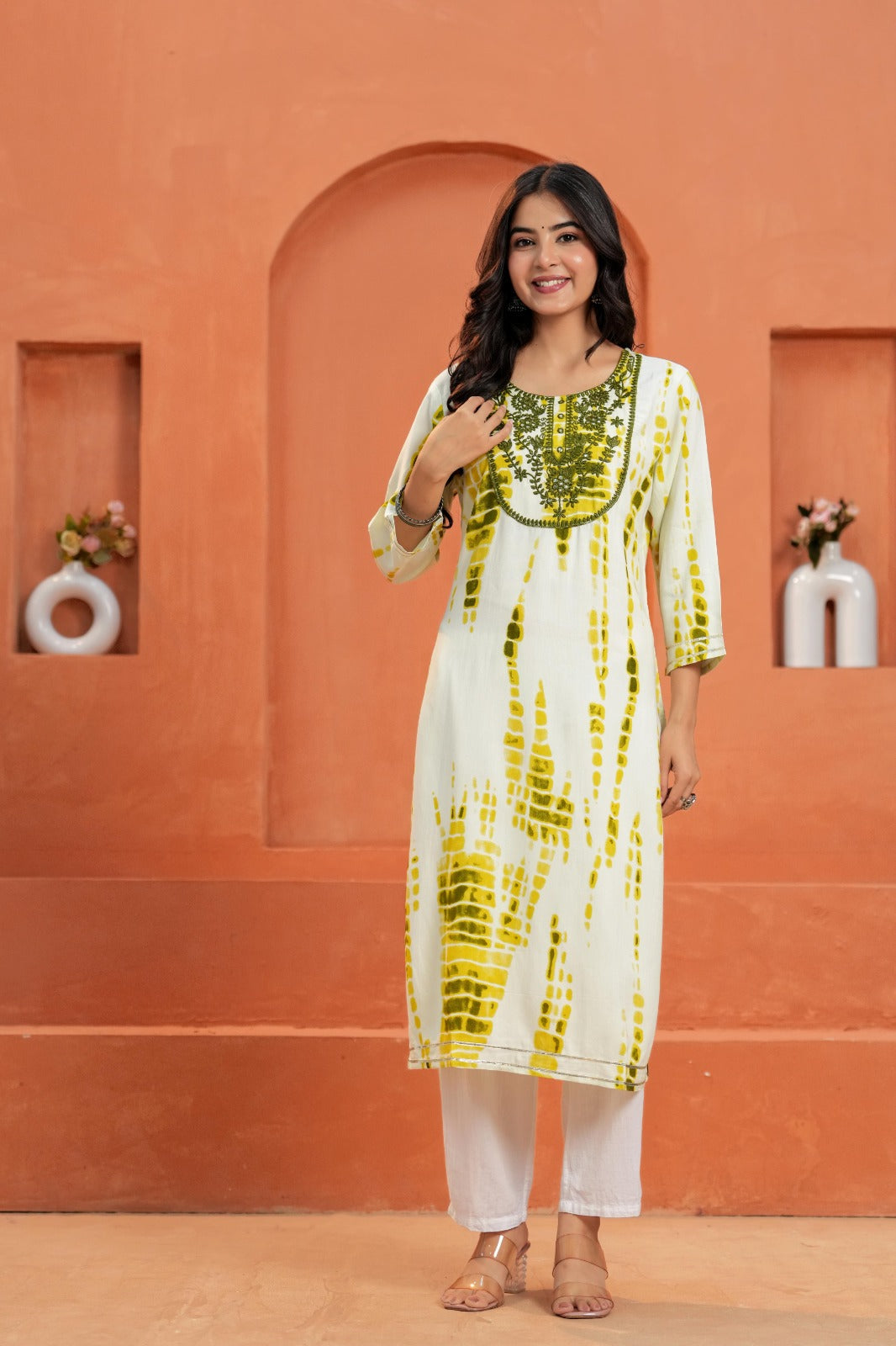 Yellow Printed Straight Kurti with 3/4 Sleeves | Ethnic Casual Wear