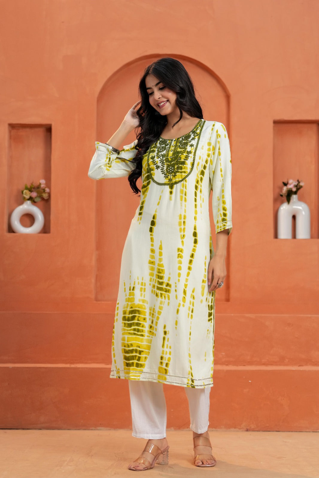 Yellow Printed Straight Kurti with 3/4 Sleeves | Ethnic Casual Wear