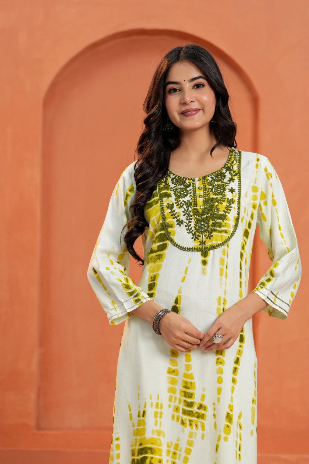Yellow Printed Straight Kurti with 3/4 Sleeves | Ethnic Casual Wear