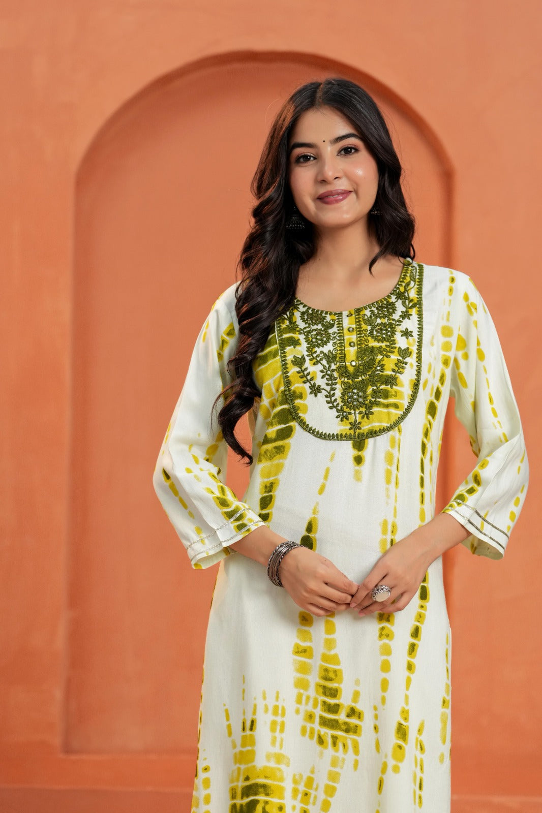 Yellow Printed Straight Kurti with 3/4 Sleeves | Ethnic Casual Wear