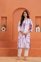 White & Purple Printed Straight Kurti with 3/4 Sleeves | Ethnic & Casual We