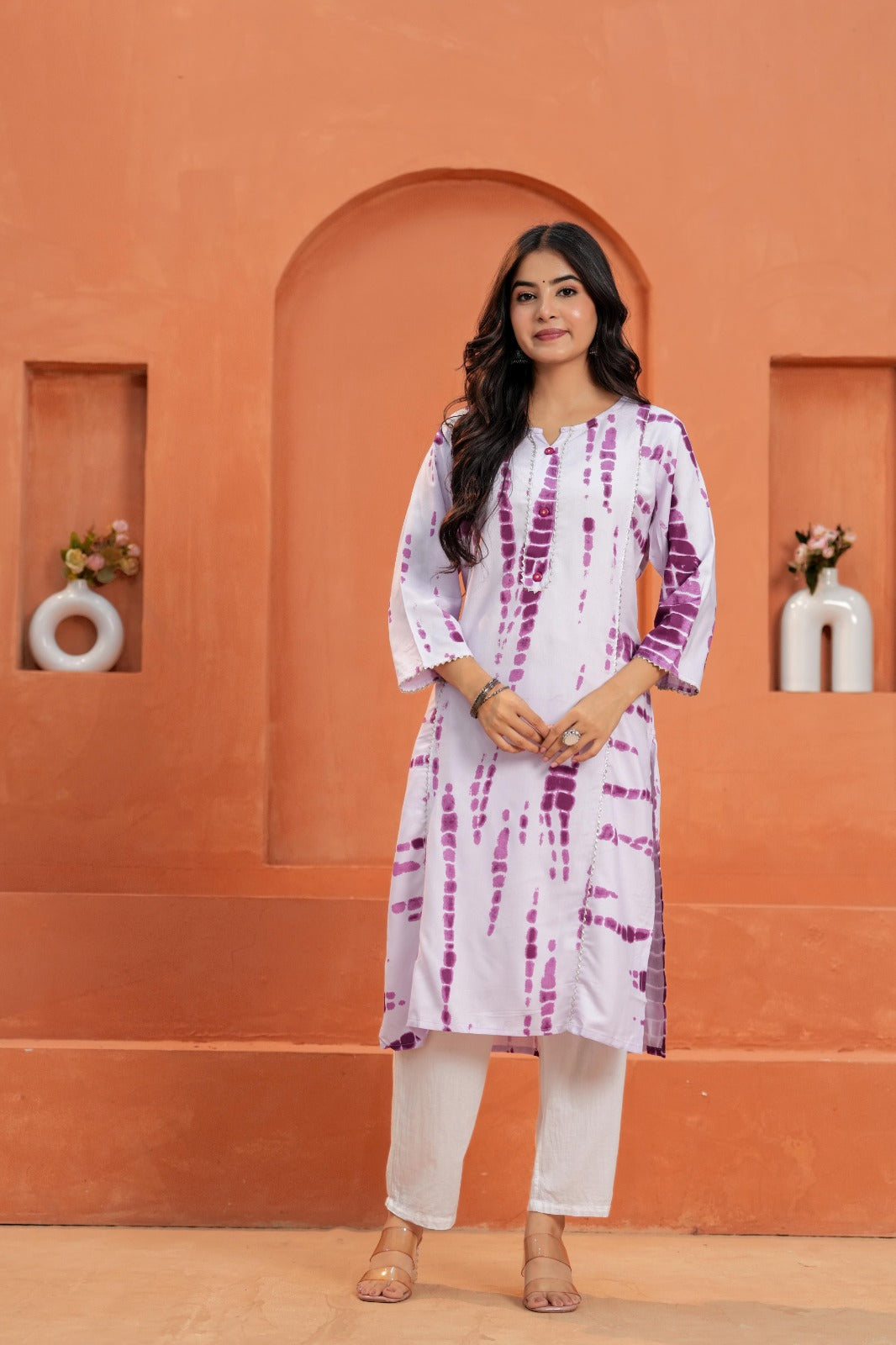 White & Purple Printed Straight Kurti with 3/4 Sleeves | Ethnic & Casual We
