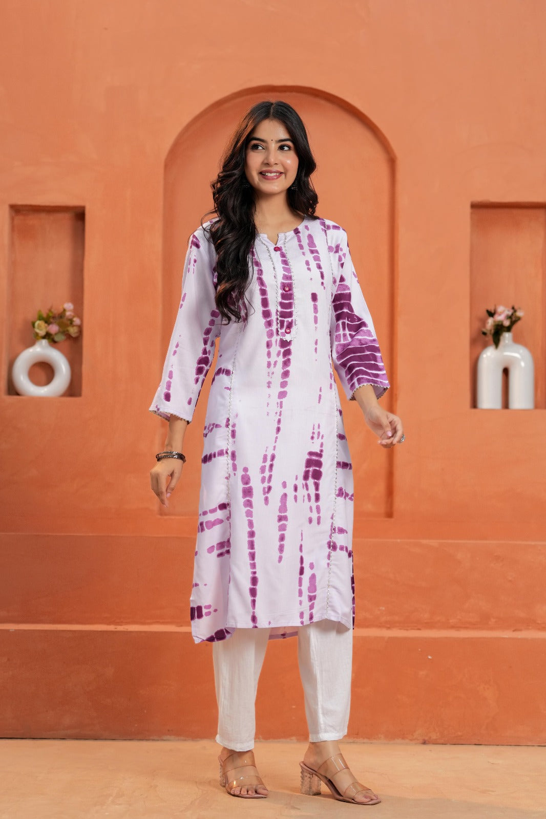 White & Purple Printed Straight Kurti with 3/4 Sleeves | Ethnic & Casual We