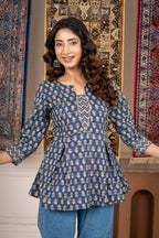 Blue Printed A-Line Short Kurti with 3/4 Sleeves