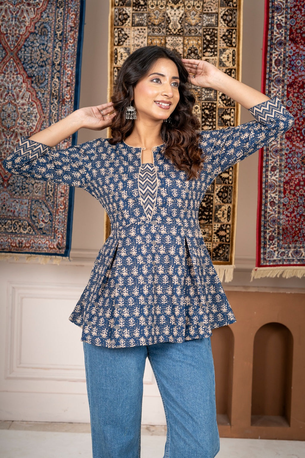 Blue Printed A-Line Short Kurti with 3/4 Sleeves