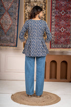 Blue Printed A-Line Short Kurti with 3/4 Sleeves