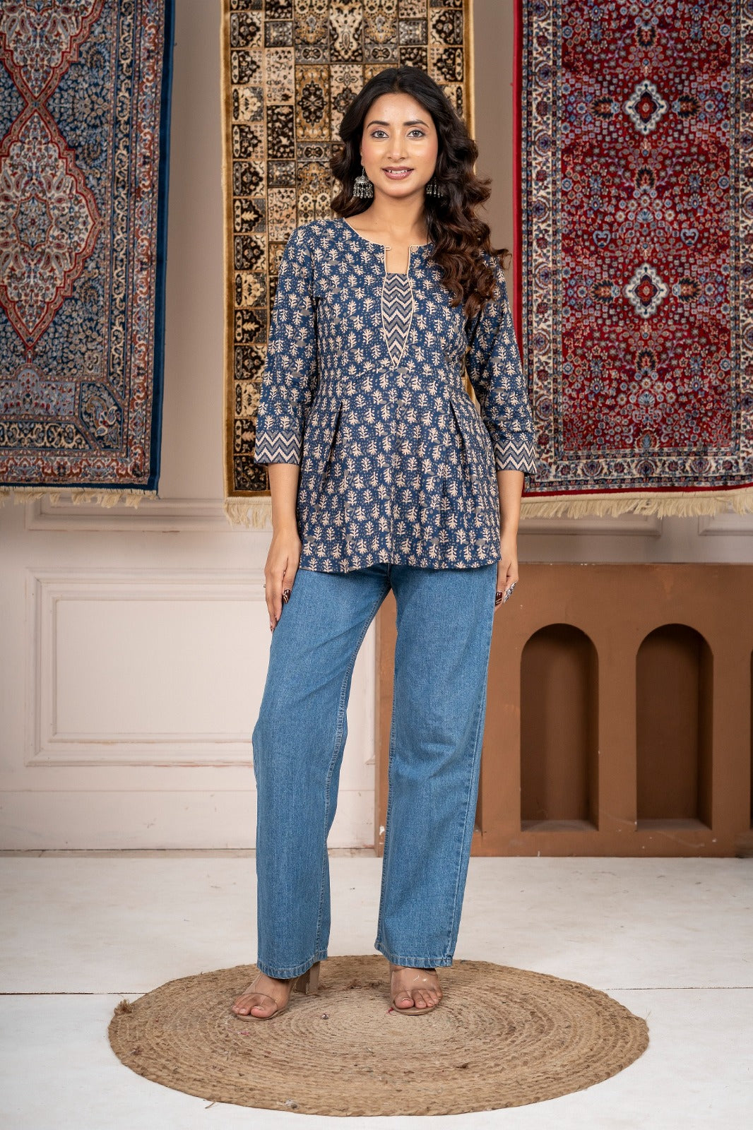 Blue Printed A-Line Short Kurti with 3/4 Sleeves