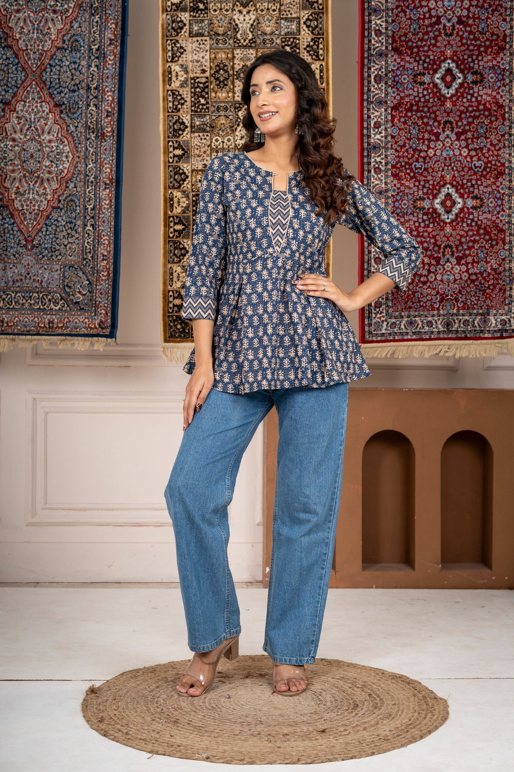 Blue Printed A-Line Short Kurti with 3/4 Sleeves
