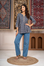Blue Printed A-Line Short Kurti with 3/4 Sleeves