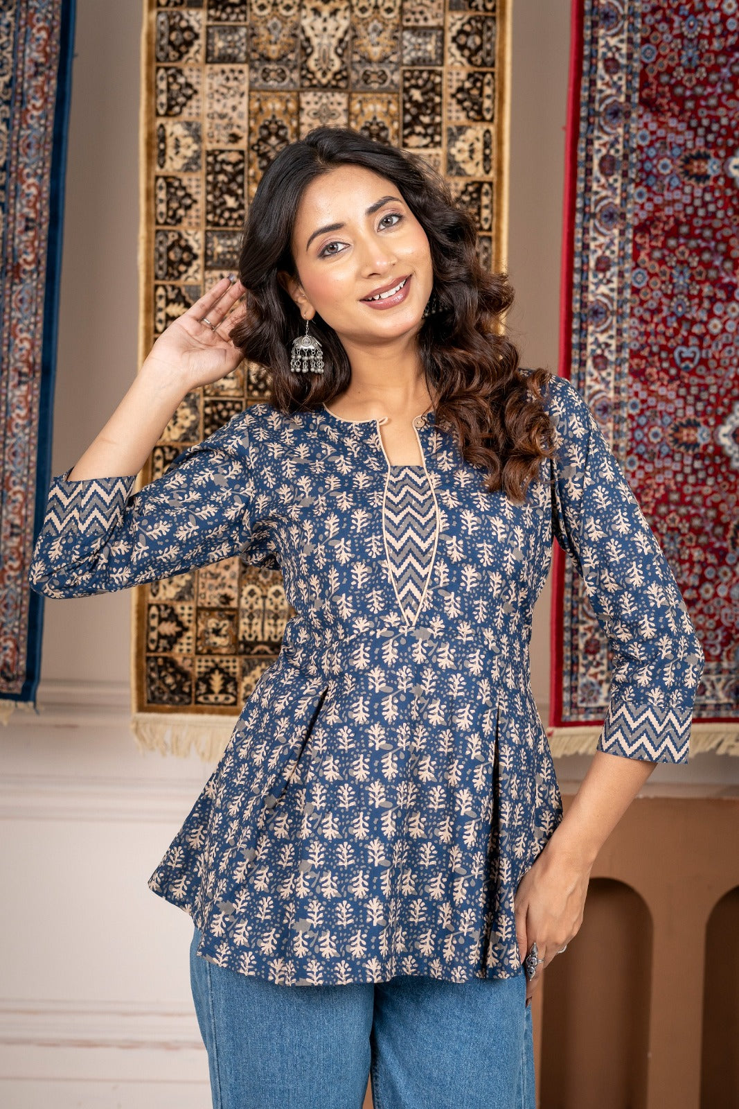 Blue Printed A-Line Short Kurti with 3/4 Sleeves