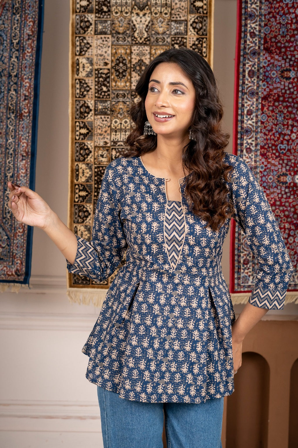 Blue Printed A-Line Short Kurti with 3/4 Sleeves