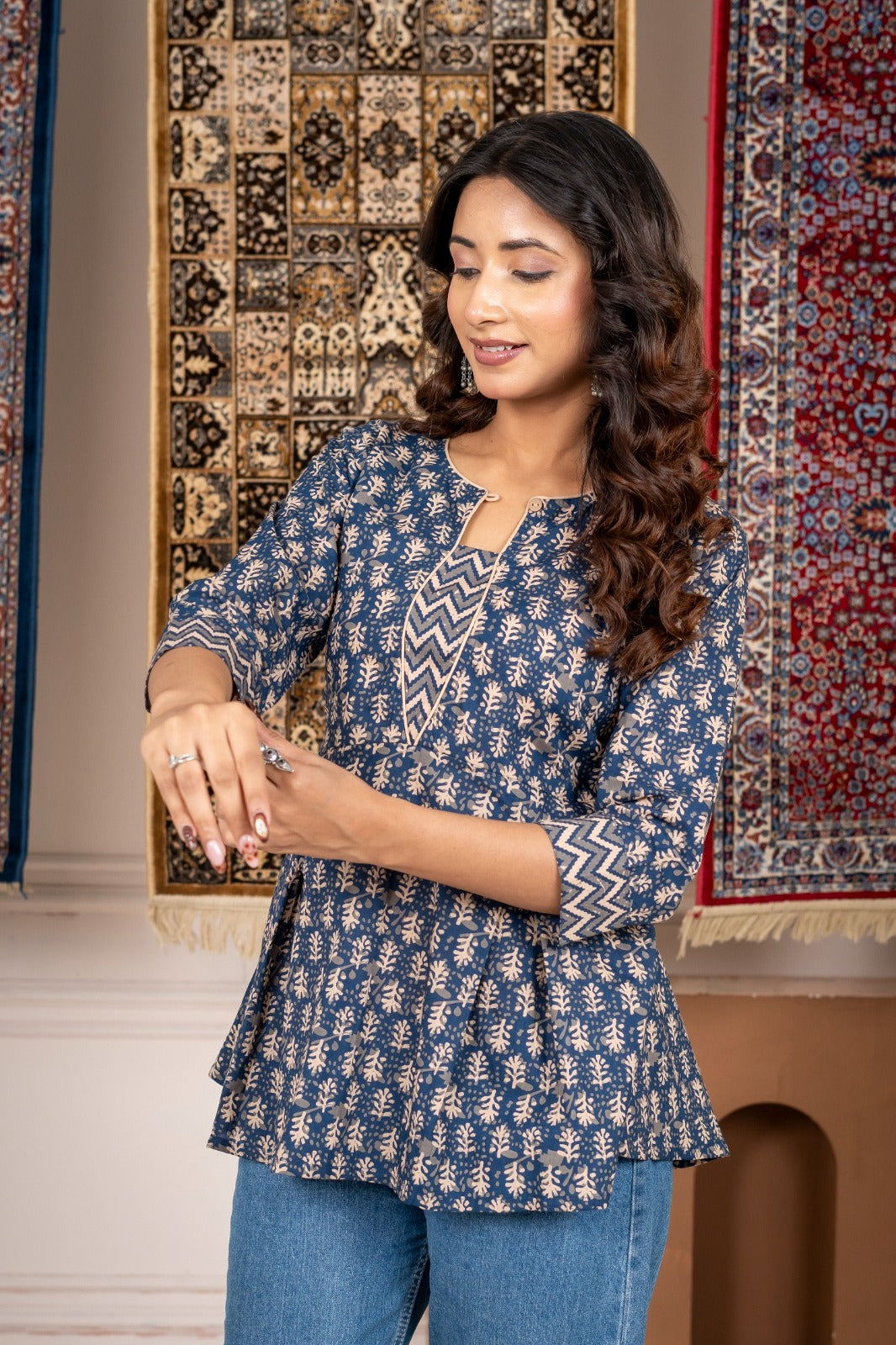 Blue Printed A-Line Short Kurti with 3/4 Sleeves