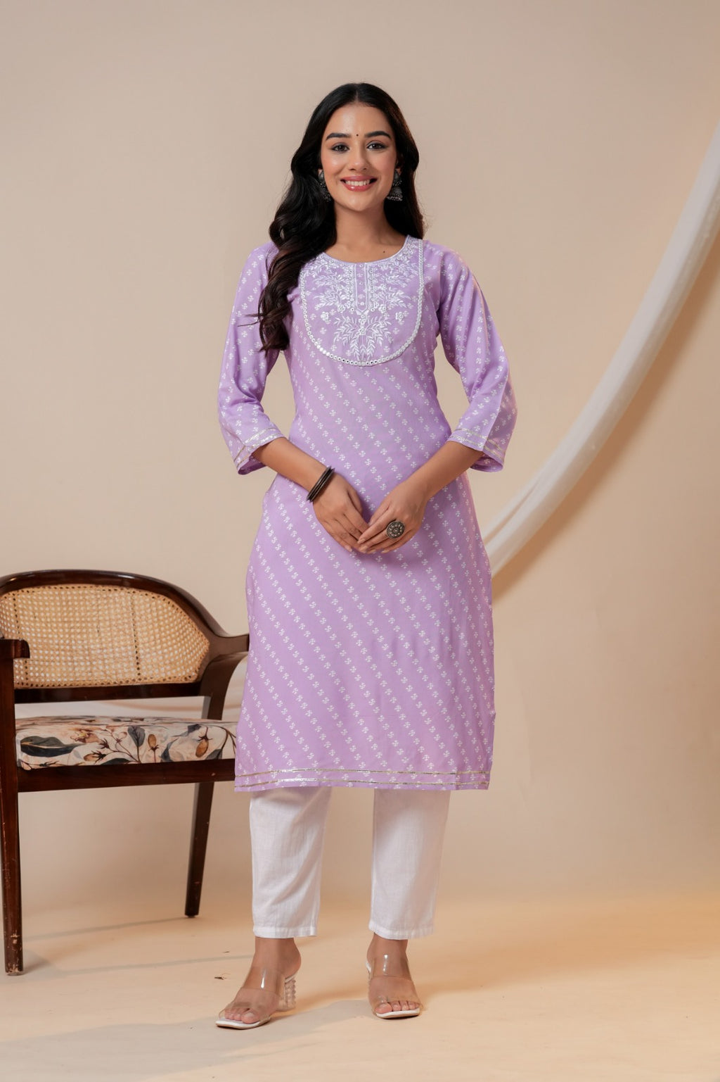 Lavender Printed Straight Kurta with 3/4 Sleeves