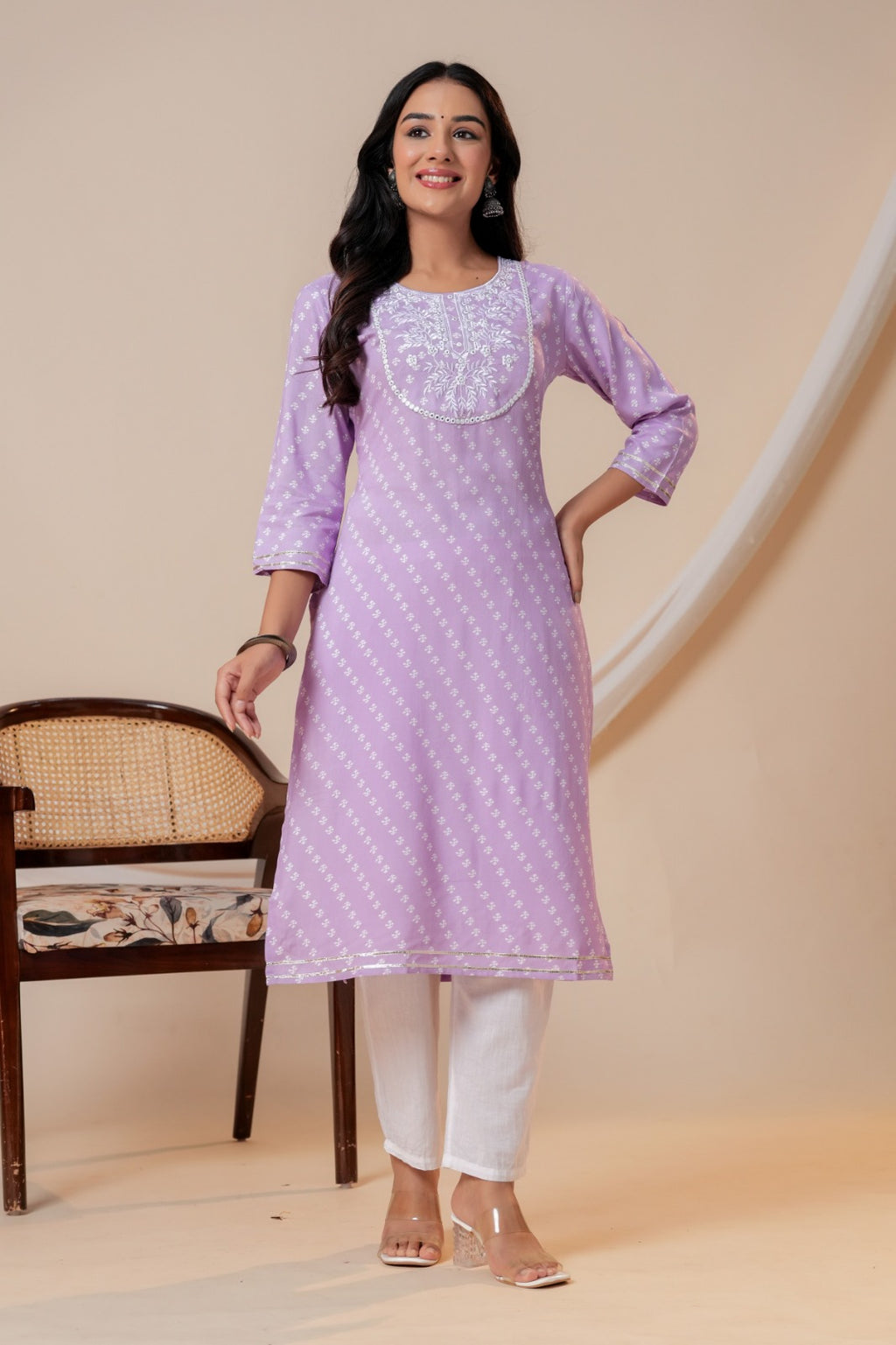 Lavender Printed Straight Kurta with 3/4 Sleeves