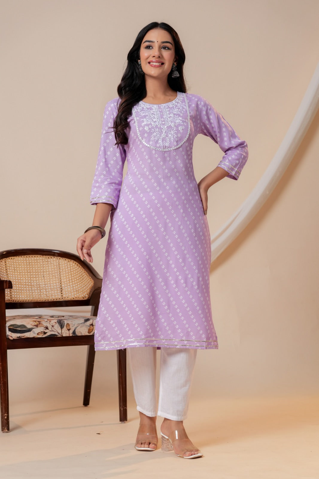 Lavender Printed Straight Kurta with 3/4 Sleeves