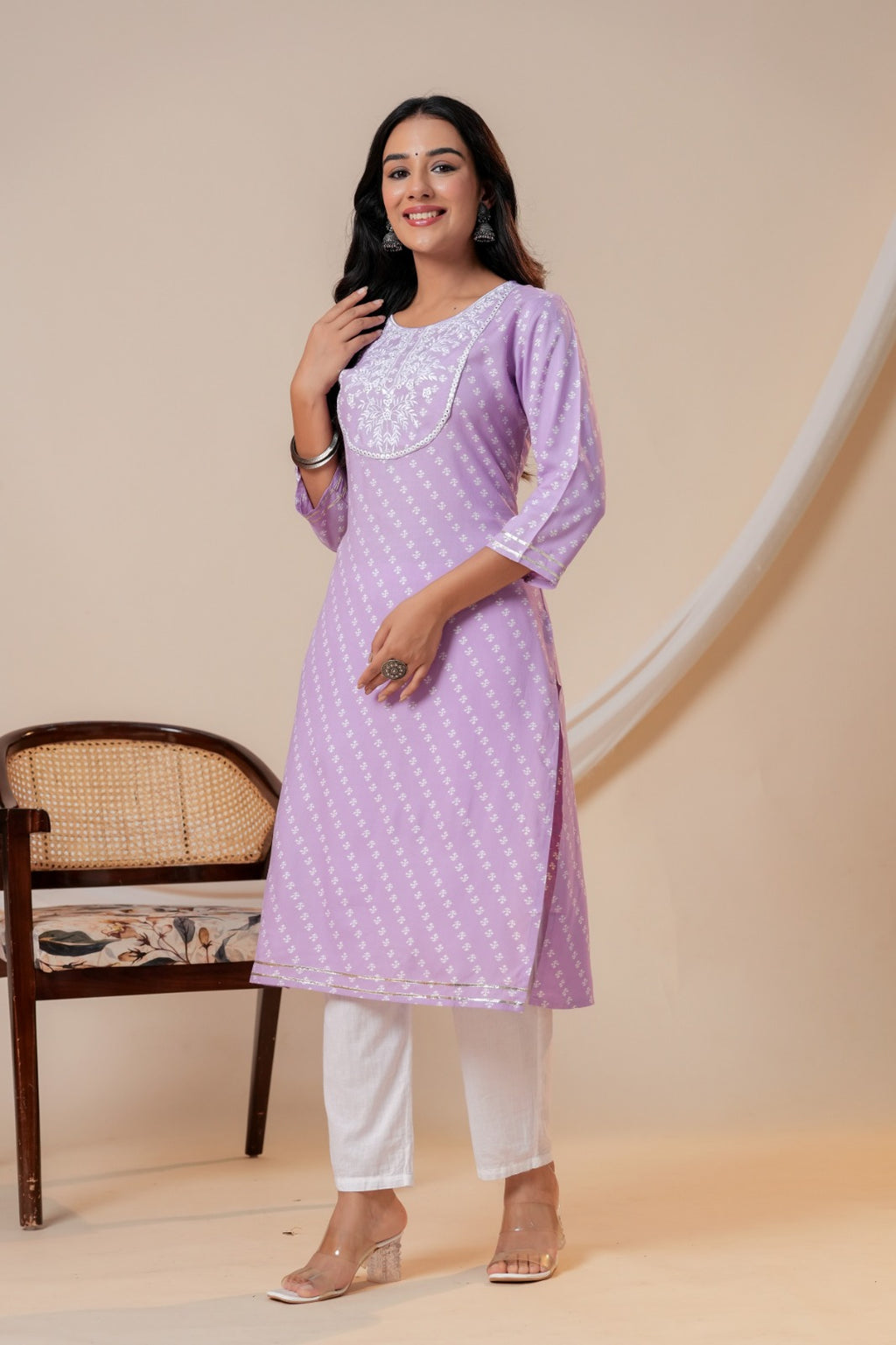 Lavender Printed Straight Kurta with 3/4 Sleeves