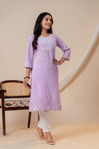Lavender Printed Straight Kurta with 3/4 Sleeves