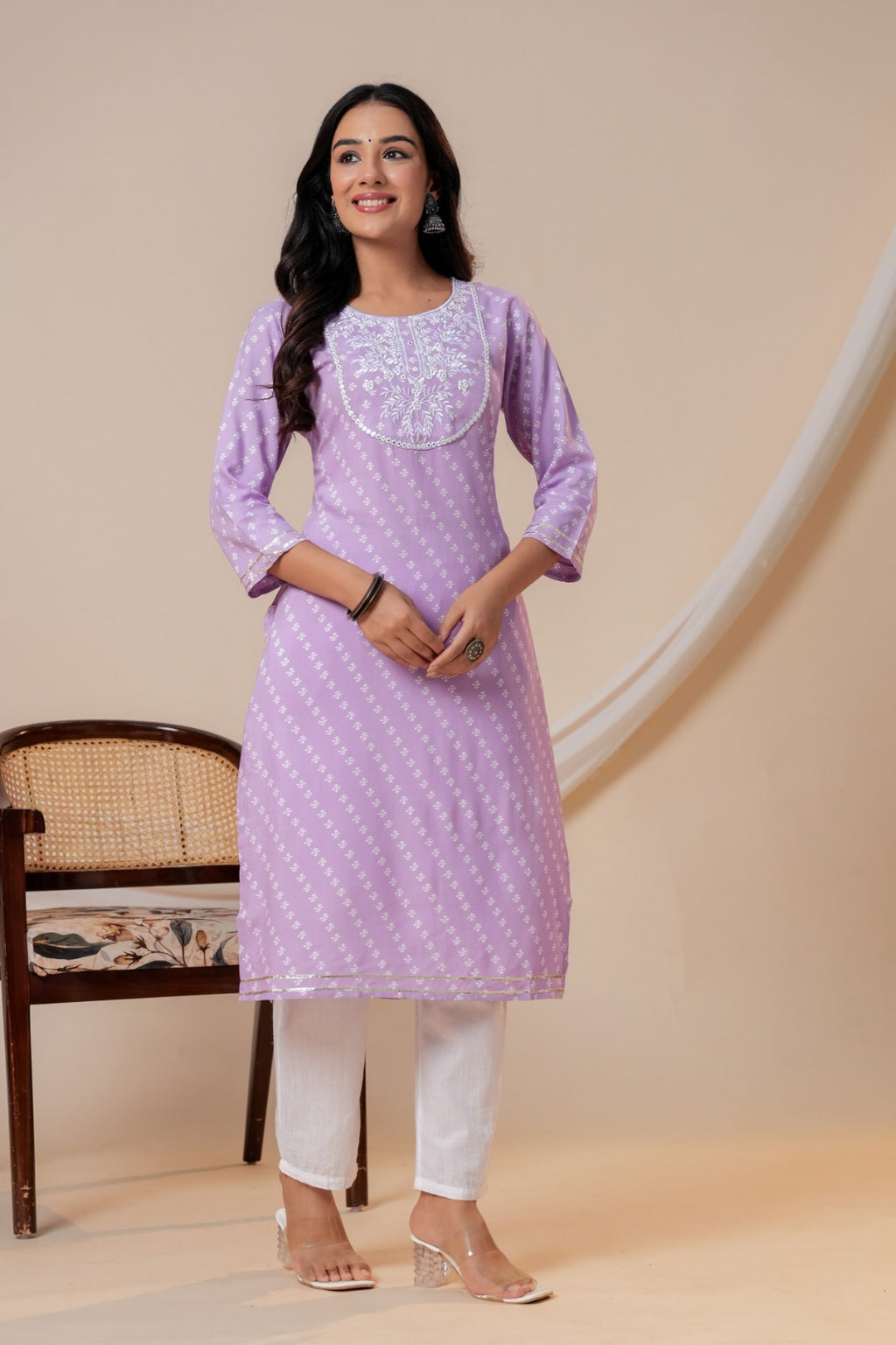 Lavender Printed Straight Kurta with 3/4 Sleeves