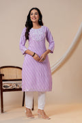 Lavender Printed Straight Kurta with 3/4 Sleeves