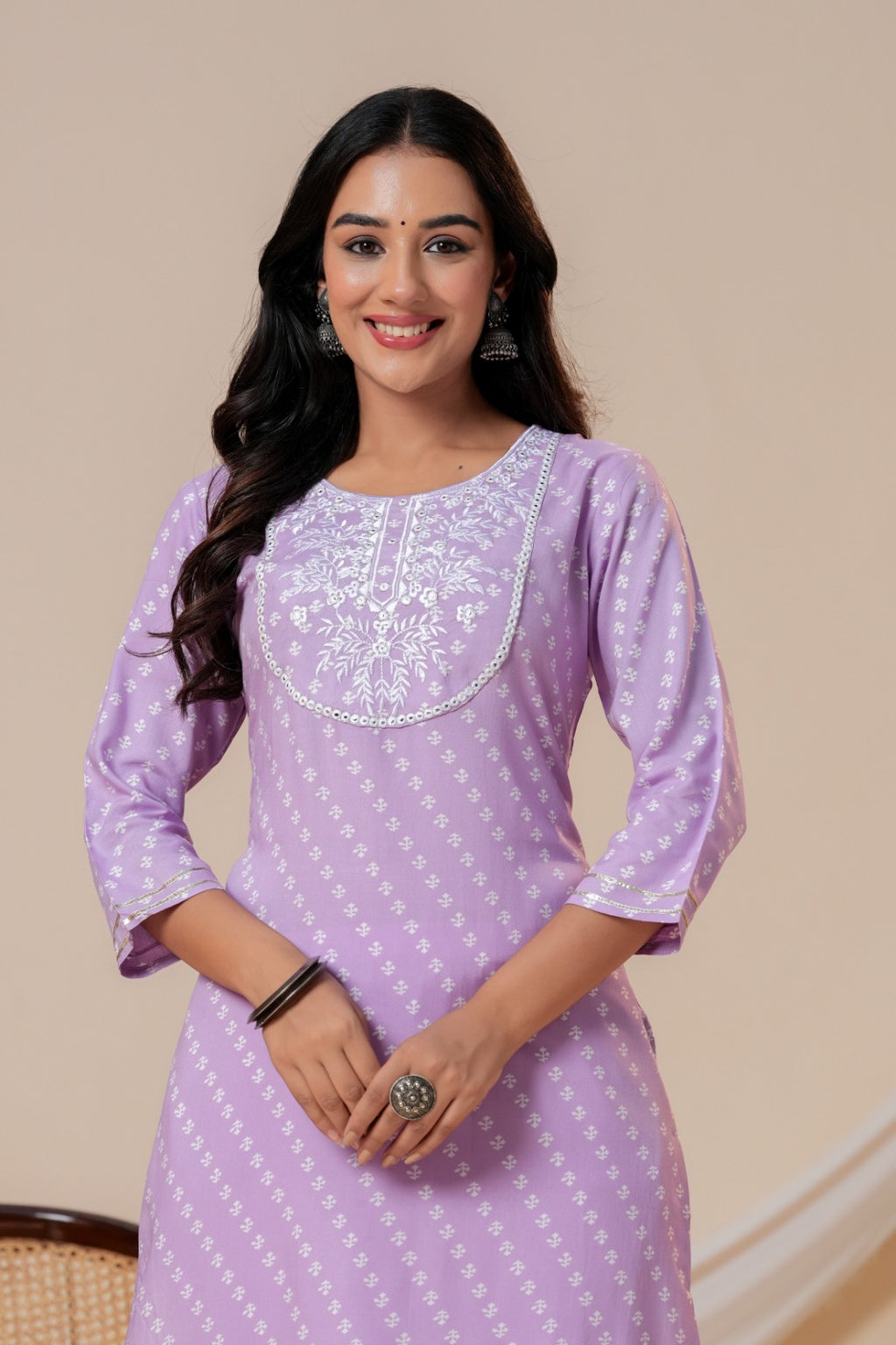 Lavender Printed Straight Kurta with 3/4 Sleeves