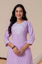 Lavender Printed Straight Kurta with 3/4 Sleeves