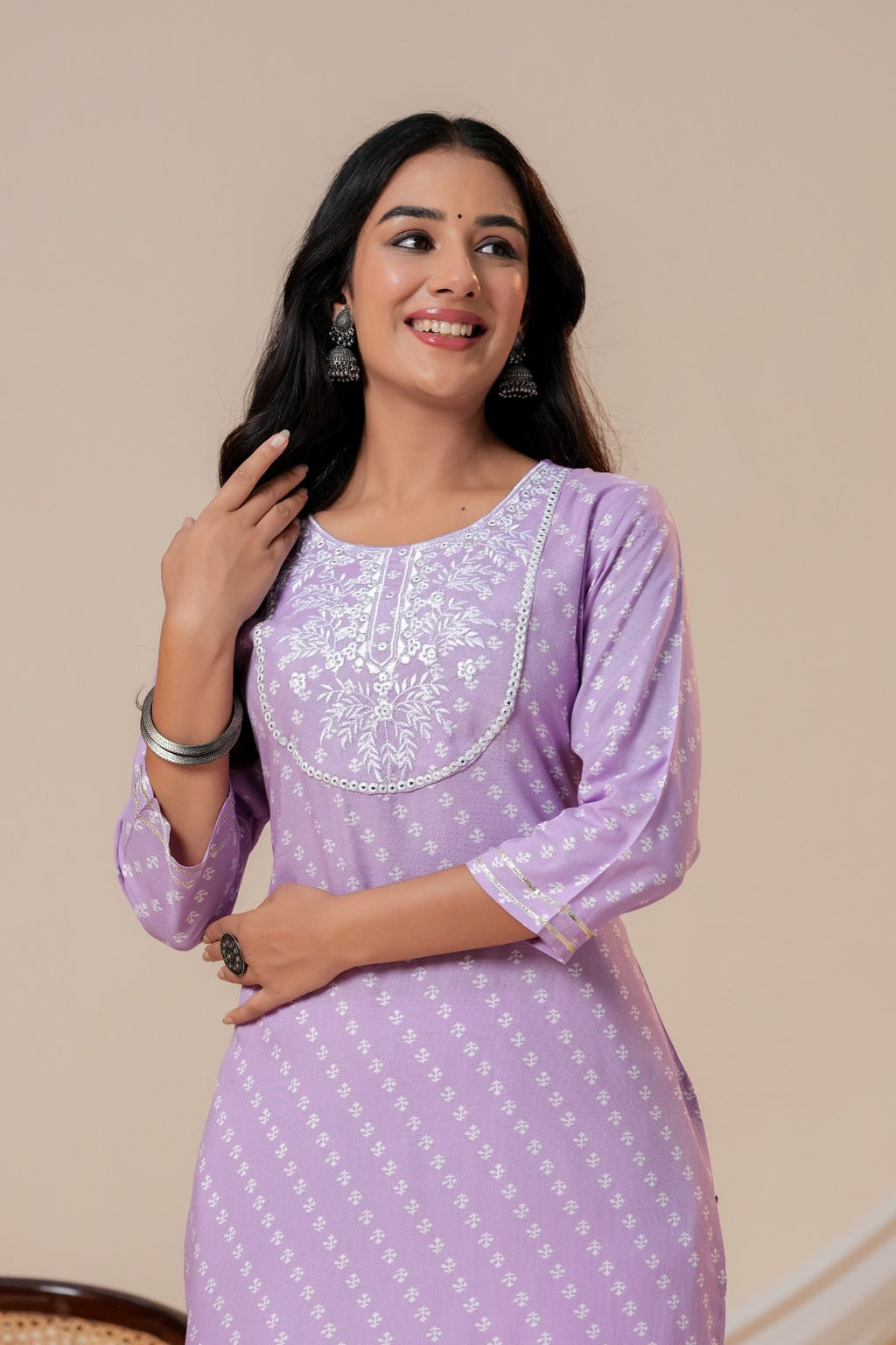 Lavender Printed Straight Kurta with 3/4 Sleeves