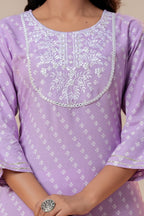 Lavender Printed Straight Kurta with 3/4 Sleeves