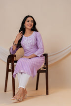 Lavender Printed Straight Kurta with 3/4 Sleeves