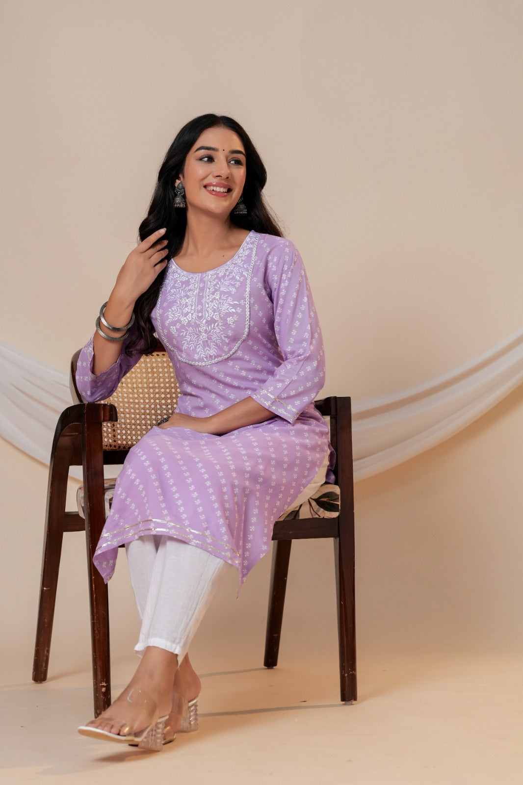 Lavender Printed Straight Kurta with 3/4 Sleeves