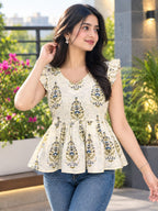 Floral Block Print White top V-Neck Peplum Top with Ruffled Cap Sleeves