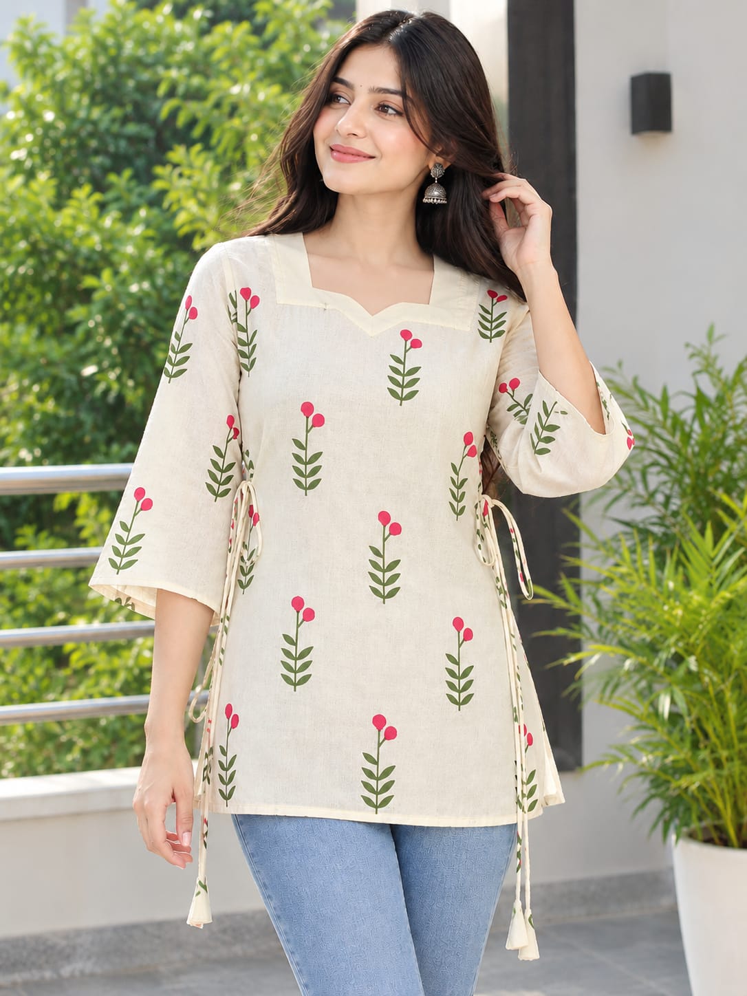 Floral Printed Cotton Tie-Up Kurti | Stylish 3/4 Sleeve Casual Top