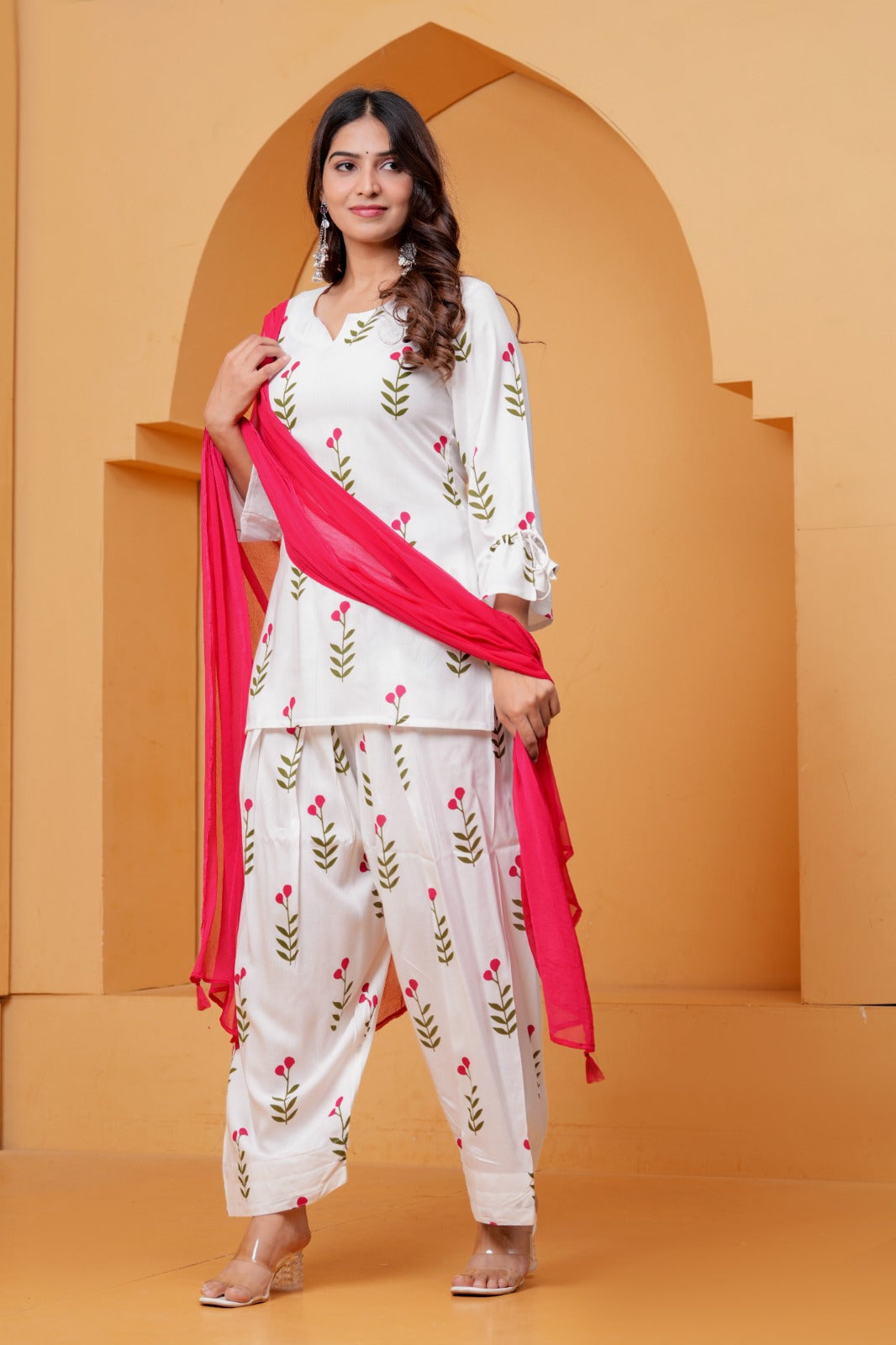 Women's White Floral Printed Kurta Pant Set with Pink Dupatta | 3 Piece Ethnic Wear Set