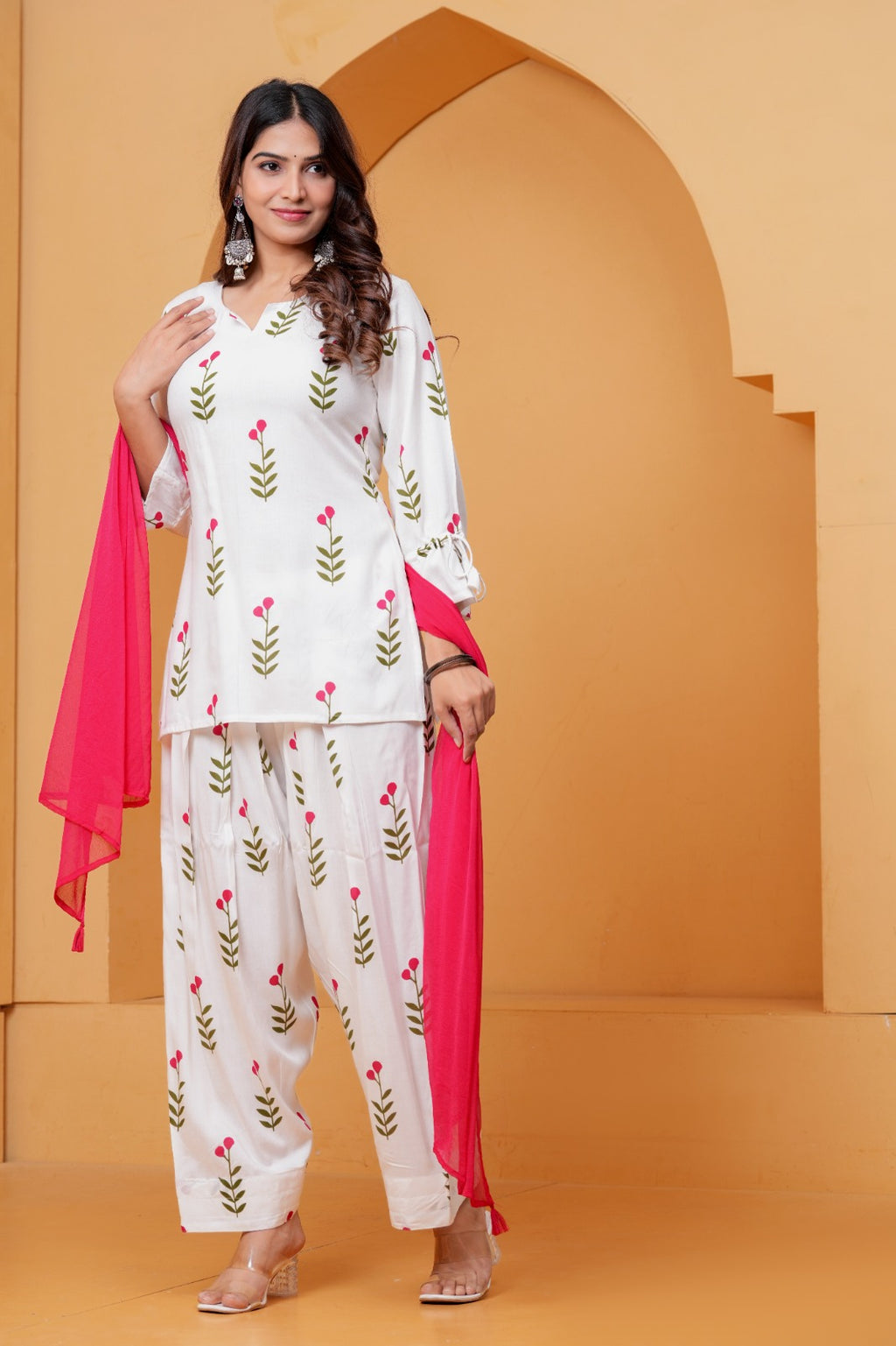 Women's White Floral Printed Kurta Pant Set with Pink Dupatta | 3 Piece Ethnic Wear Set