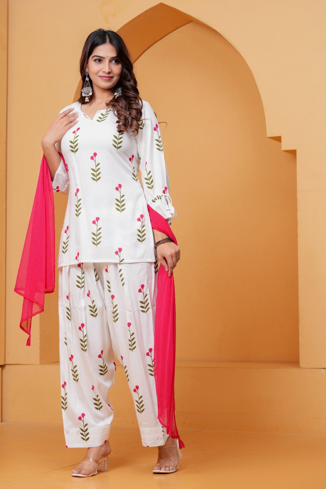 Women's White Floral Printed Kurta Pant Set with Pink Dupatta | 3 Piece Ethnic Wear Set