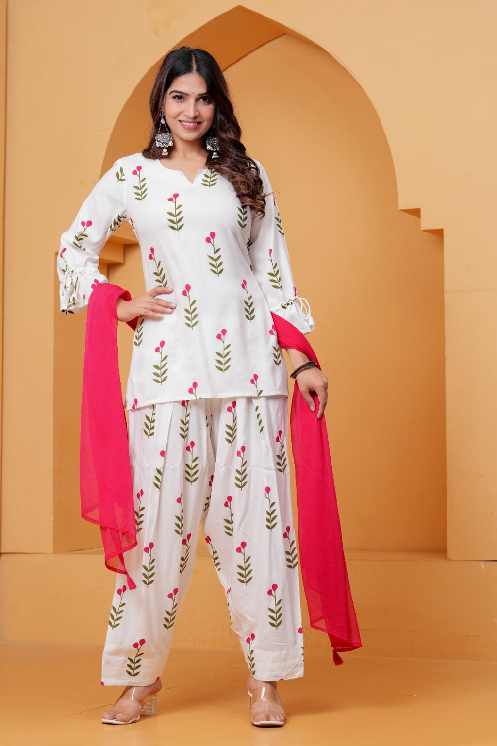 Women's White Floral Printed Kurta Pant Set with Pink Dupatta | 3 Piece Ethnic Wear Set