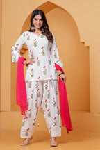 Women's White Floral Printed Kurta Pant Set with Pink Dupatta | 3 Piece Ethnic Wear Set