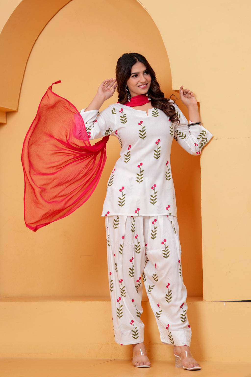 Women's White Floral Printed Kurta Pant Set with Pink Dupatta | 3 Piece Ethnic Wear Set