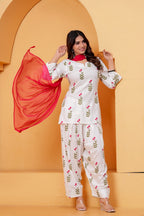 Women's White Floral Printed Kurta Pant Set with Pink Dupatta | 3 Piece Ethnic Wear Set