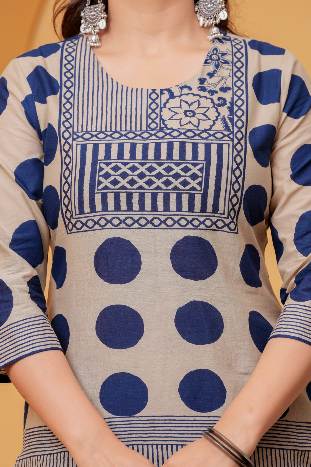 Women's Beige & Navy Blue Printed Kurta Pant Set with Matching Dupatta
