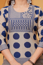 Women's Beige & Navy Blue Printed Kurta Pant Set with Matching Dupatta