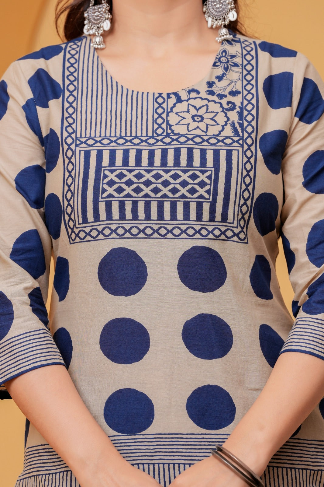 Women's Beige & Navy Blue Printed Kurta Pant Set with Matching Dupatta